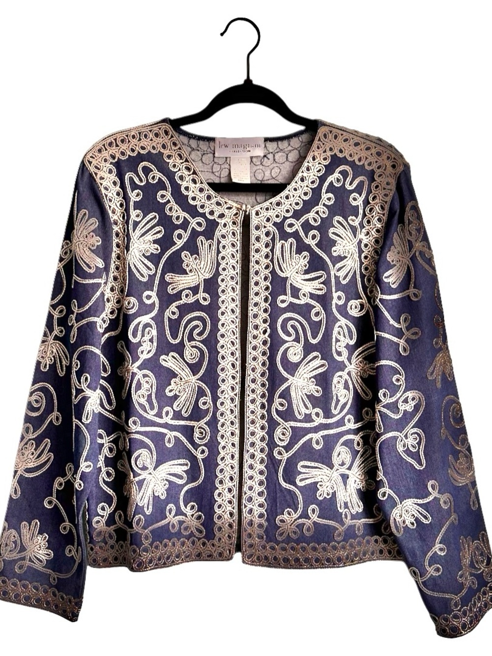 Vintage Lew Magram Blue Silk Cotton Denim Embroidered Jacket Size Large EUC
